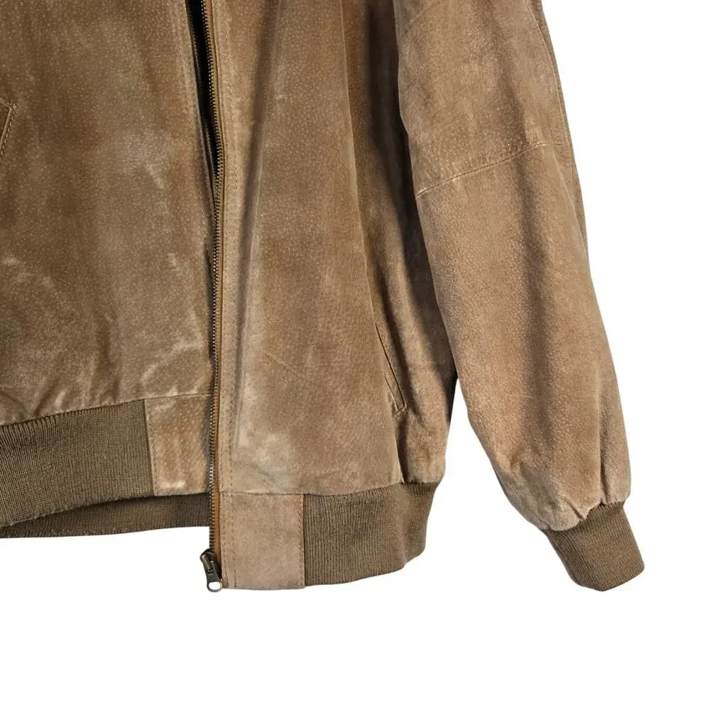 Vintage Grunge Revival Indie Sleaze Tan Suede 100% Leather Bomber Jacket Small